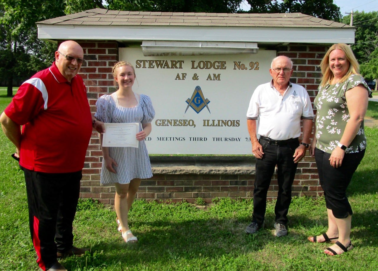 Olivia Johnson, second from left, has been named the recipient of the Illinois Masonic Grand Lodge Scholarship. With Johnson in the photo are from left, Ed Walker, secretary of Geneseo Stewart Masonic Lodge No. 92; Jimmy Cowan, past master of the Geneseo Lodge; and Olivia’s mother, Alison Johnson.